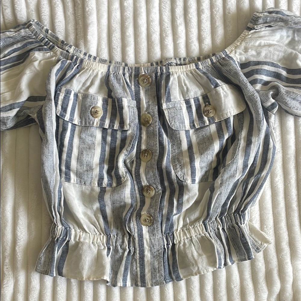 American Eagle Outfitters Blue and White Striped Off-Shoulder Top